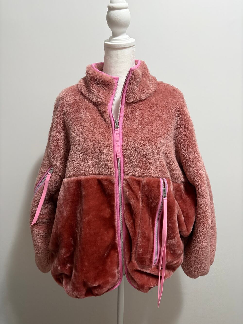 UGG Pink Colorblock Marlene Plush Fleece Faux Fur Zip Jacket Oversized Cozy Coat